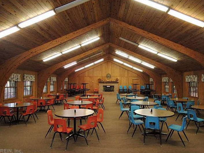 A room with many tables and chairs in it