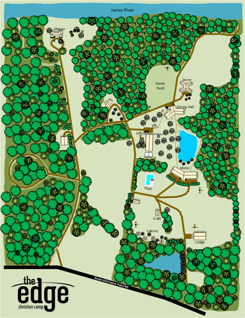 A map of the woods with trees and buildings.