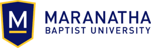 A blue and white logo of maranatha baptist university.
