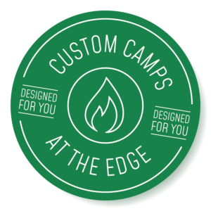 A green circle with the words custom camps at the edge written in it.