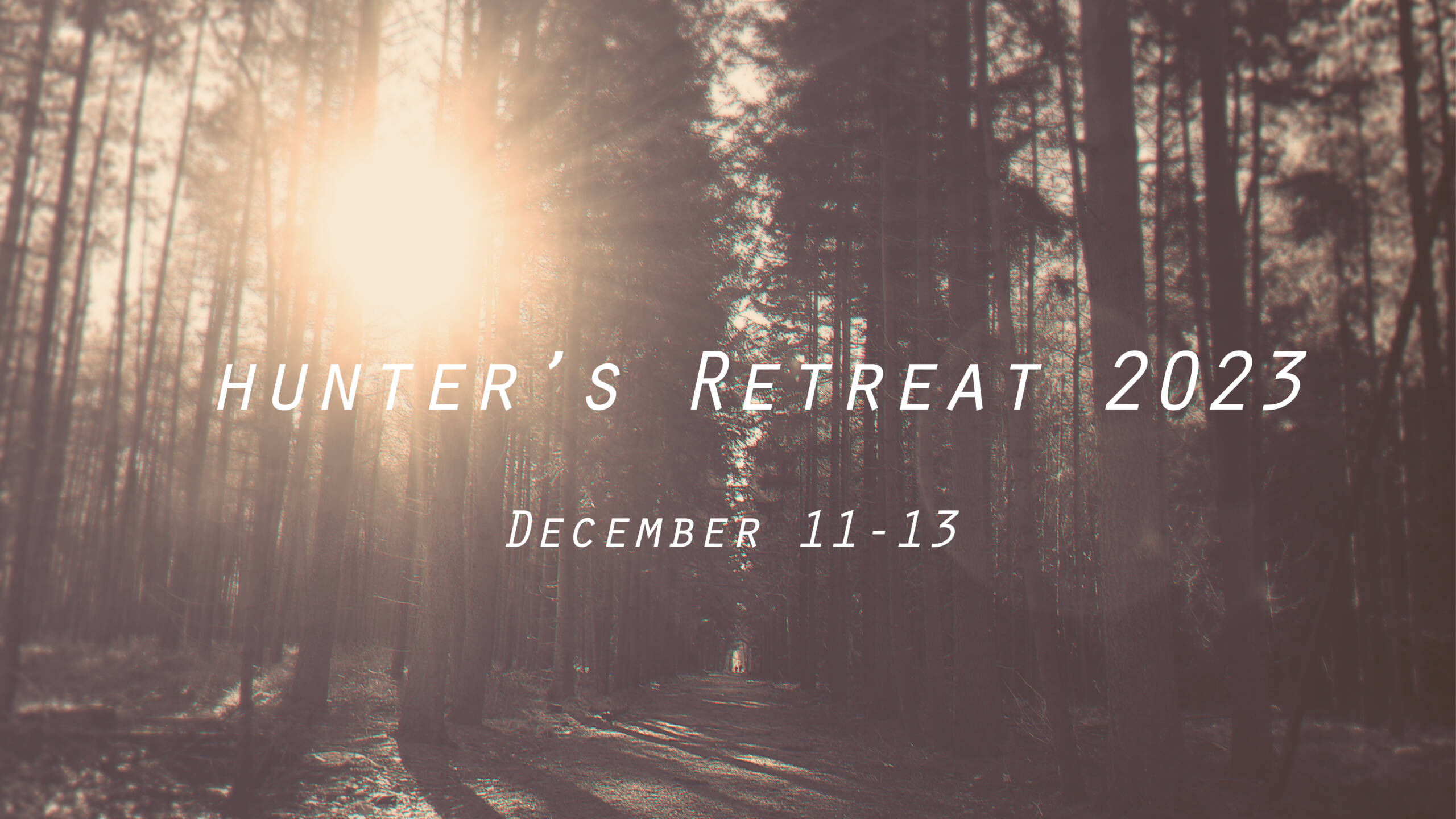 A forest with the words winter 's retreat 2 0 1 9 written in front of it.